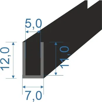 Těsnění do okna a dveří 05354634 Pryžový profil tvaru "U", 12x7/5mm, 70°Sh, EPDM, -40°C/+100°C, černý