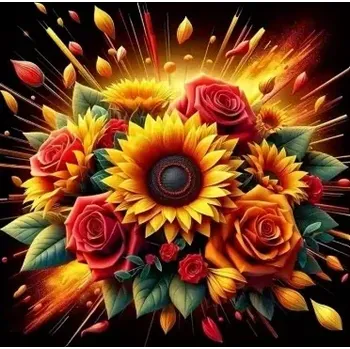 Diamantové malování Diamantové malování/Homfun - Kytice slunečnice s růžemi + perleťové kamínky (40x40)