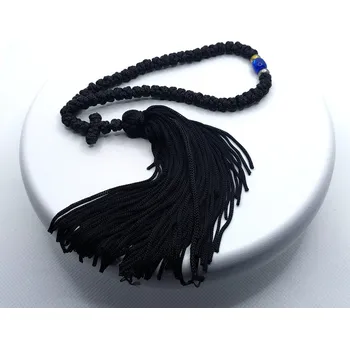Náramek Řecké pravoslavné černé modlitební čotky s modrým korálkem, 22 cm - 50 uzlů