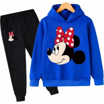 Bavlněná tepláková souprava Minnie Mouse (s červenou mašlí) - černé kalhoty + barevné mikiny Barva: černé kalhoty + modrá mikina, Velikost: 150