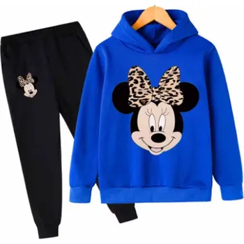 Bavlněná tepláková souprava Minnie Mouse (s tygrovanou mašlí) Barva: černé kalhoty + modrá mikina, Velikost: 150
