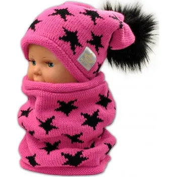 Čepice Baby Nellys Podzimní/zimní čepice s komínkem - malinová - hvězdičky černé