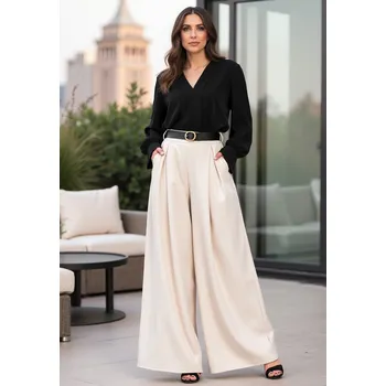 Dámské kalhoty Smetanové dámské elegantní široké kalhoty s páskem M1134 Ecru Velikost: S/M