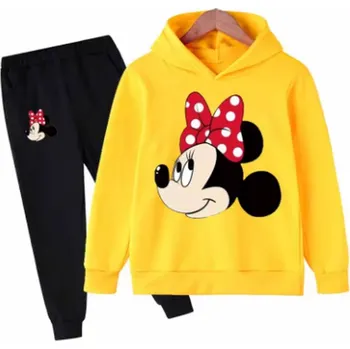 Bavlněná tepláková souprava Minnie Mouse (s červenou mašlí) - černé kalhoty + barevné mikiny Barva: černé kalhoty + žlutá mikina, Velikost: 130