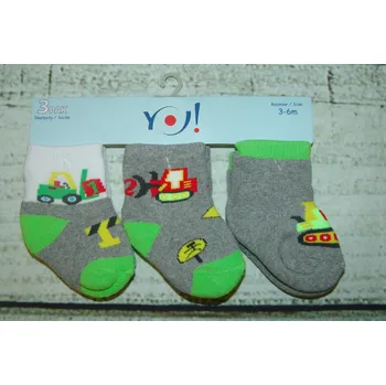 YO! Ponožky 3 páry kluk zelená bílá stroje 3-6 měsíců