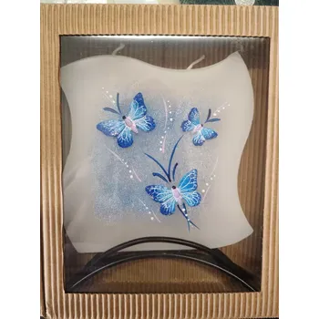 Svíčka Plochá svíčka s modrými motýlky (Plochá svíčka ve stojánku)