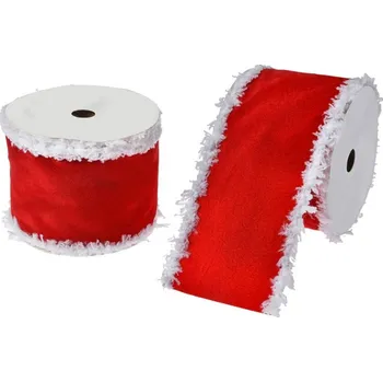 Vánoční dekorace Červená dekorační stuha s bílým chlupatým okrajem - 6.3 cm * 5 m
