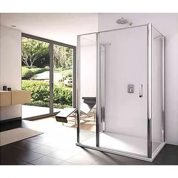 RONAL Swing-Line 1-křídlé dveře s pevnou stěnou 90x195 cm, 2x boční stěna 90x195 cm, matný elox, sklo čiré, vanička litý mramor, bílá - výprodej vzorku