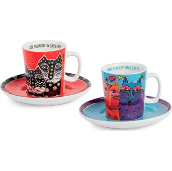 Egan LAUREL BURCH FANTASTIC FELINES Set 2 espresso šálků světle modrá / červená