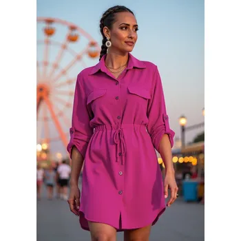 Dámské oblečení Fuchsiové dámské košilové šaty s náprsními kapsami M1131 Fuchsia Velikost: S/M