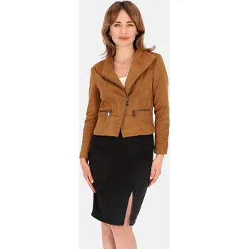 Dámská cargo bunda Hnědá dámská krátká bunda z umělého semiše BLE 241065 F - Camel Velikost: M