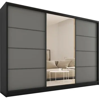 Šatní skříň Šatní skříň HARAZIA 250 se zrcadlem, 4 šuplíky a 2 šatními tyčemi, černá/grafit +možnost VÝNOSU + vyzvednutí ZDARMA