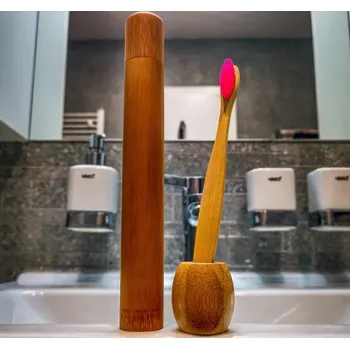 Zubní kartáček Bambusový set na zubní hygienu - růžový kartáček