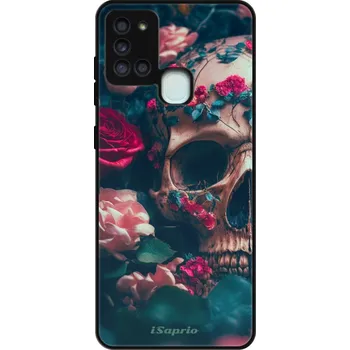 Pouzdro na mobilní telefon Lesklé pouzdro iSaprio pro Samsung Galaxy A21s - Skull in Roses (Lesklé pouzdro, kryt, obal iSaprio Exclusive na mobil Samsung Galaxy A21s s motivem Skull in Roses - elegantní skleněný vzhled, skvělá ochrana mobilu a luxusní styl, vyrobeno v Česku)