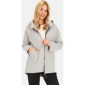 Světle šedý dámský krátký kabát s kapucí BLH 81CW4444 F - Grey Velikost: 2XL