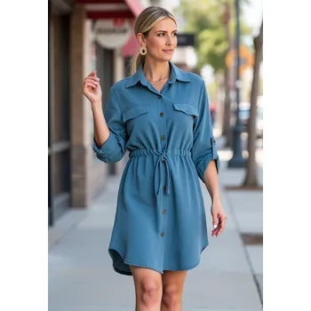 Dámské šaty Modré dámské košilové šaty s náprsními kapsami M1131 Blue Velikost: S/M