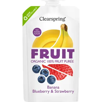 Dětská výživa Clearspring BIO Ovocné pyré banán & borůvky & jahoda, 100 g