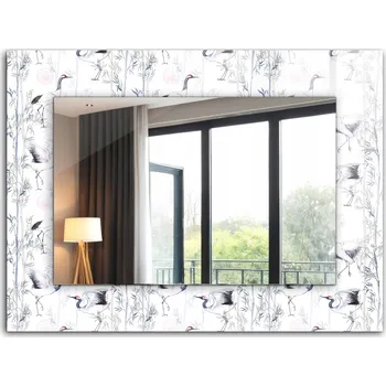 Zrcadlo Koupelnové zrcadlo na stěnu s ozdobným skleněným rámem 80x60 cm Jeřábi a bambusy