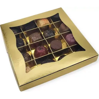 Dárková krabička Ušatá dárková krabička zlatá s mřížkou na pralinky 15x15x2 cm