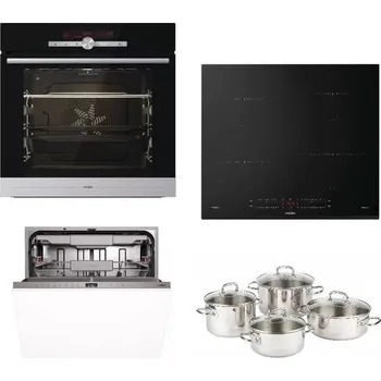 Set domácích spotřebičů Mora MORASET01NADOBI VTS786BXB trouba + VDIS655FF indukční deska + IMB6678 myčka + sada nádobí