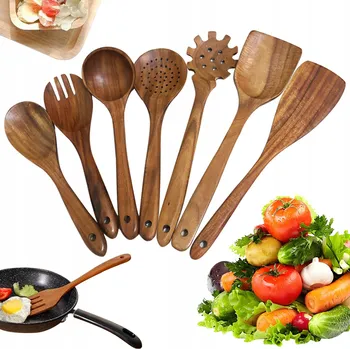Sada kuchyňského náčiní 7dílná SADA KUCHYŇSKÉHO NÁČINÍ DŘEVĚNÉ NÁDOBÍ DO KUCHYNĚ LŽÍCE ŠPACHTLE