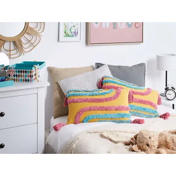 Bytový textil Sada 2 dekoračních polštářů pestrobarevné bavlněné 30 x 50 cm se střapci obdélníkový moderní polštář boho dekorace příslušenství Beliani