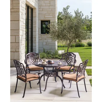 Zahradní sestava Zahradní set hnědý hliníkový stůl 4 židle s retro polštáři na balkonové terase Beliani