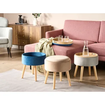 Taburet Béžový sametový čalouněný taburet s úložným prostorem s podnosem ve stylu glamour Beliani