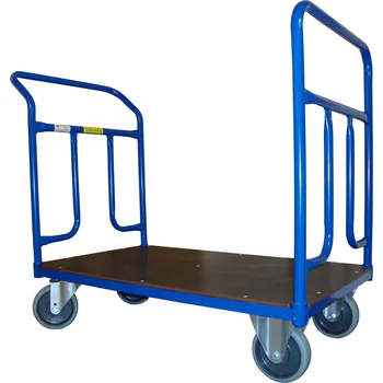 Plošinový vozík 2BKS s odšroubovatelnými madly Nosnost: 300 kg, Rozměr plošiny: 1000 x 600 mm, Kola: 125 mm, gumová, 2x pevná, 2x otočná, s parkovací brzdou
