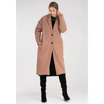 Dámský kabát Jednořadý kabát na dva knoflíky a šálovým límcem M1111 Barva: Béžová, Velikost: ONE SIZE