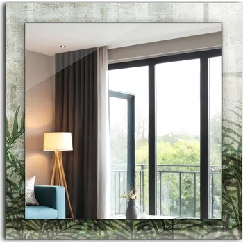 Zrcadlo Zrcadlo se skleněným čtvercovým rámem a grafikou Zelené listy kapradí 60x60 cm