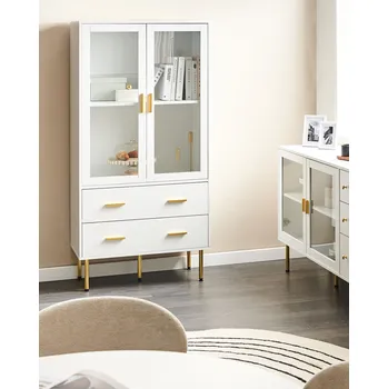 Komoda Vitrína bílá MDF se skleněnými dvířky a 2 zásuvkami zlaté akcenty Beliani