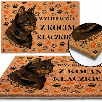 Rohožka KOKOSOVÁ ROHOŽKA PŘED DVEŘE HIT NÁPIS Z KOTEM KOCIE KLACZKI ŁAPKI
