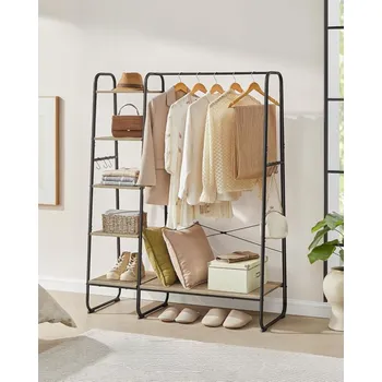 Věšák VASAGLE Kovový stojan na oděvy s policemi 5+1 černý modrý dub