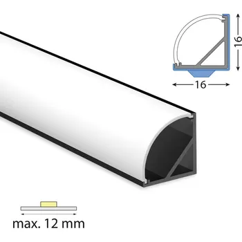 LED páska Rohový hliníkový profil černý RF 16x16mm včetně mléčného difuzoru 2 m