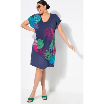 Dámské šaty Ulla Popken, Plus size Žerzejové šaty, šifonový přehoz, výstřih do V, krátké rukávy pro plnoštíhlé nadměrná velikost, 839252730-1131, modrý, 54/56, Nadměrné velikosti, Plus size oblečení, Oblečení pro boubelky, Oblečení pro baculky, Oblečení pro plnoštíhl