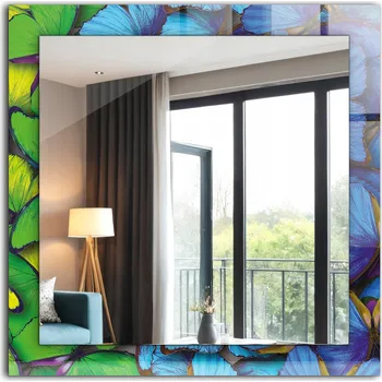 Zrcadlo Moderní čtvercové zrcadlo s potiskem Modří a zelení motýli 60x60