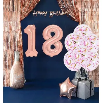 Balónek SUPER Sada Balónků k 18. Narozeninám Růžové Zlato s Závěsem 8ks MK721