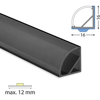 LED páska Rohový hliníkový profil černý RF 16x16mm včetně čirého difuzoru 1 m