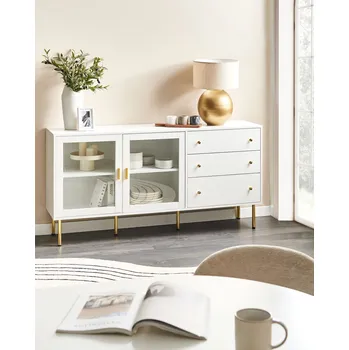 Komoda Vitrína bílá MDF se skleněnými dvířky a 2 zásuvky zlaté akcenty Beliani