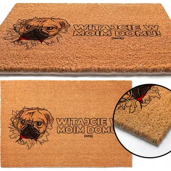 Rohožka KOKOSOVÁ ROHOŽKA s mopsem v brýlích a nápisem WITAJCIE W MOIM DOMU