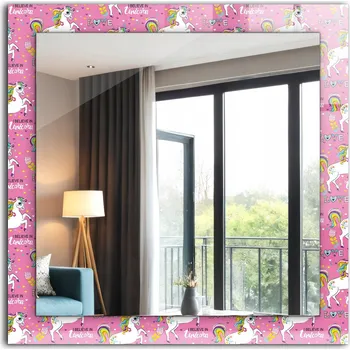 Zrcadlo Zrcadlo se skleněným čtvercovým rámem a grafikou Jednorožci duhy srdce 60x60 cm