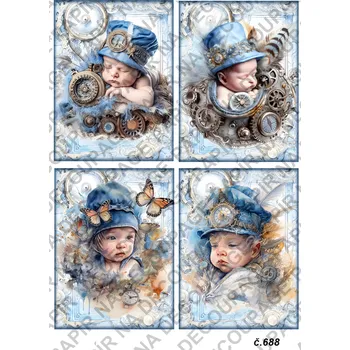 Umělecký papír Rýžový a soft papír na decoupage - Miminko, dítě, steampunk - KB0688 Materiál: Soft, Rozměr: A4