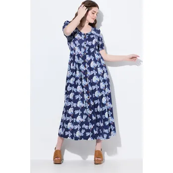 Dámské šaty Ulla Popken, Plus size Maxi šaty, lněná směs, kulatý výstřih, krátké rukávy, kapsy pro plnoštíhlé nadměrná velikost, 839987130-1128, modrý, 42/44, Nadměrné velikosti, Plus size oblečení, Oblečení pro boubelky, Oblečení pro baculky, Oblečení pro plnoštíhlé