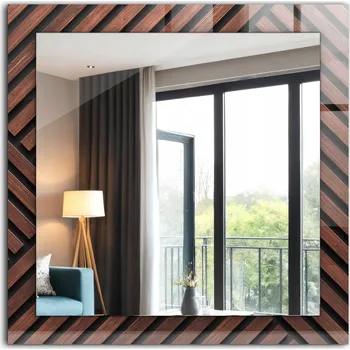 Zrcadlo Čtvercové moderní zrcadlo s krásnou grafikou. Dřevěné lišty se zkosením, 60x60 cm