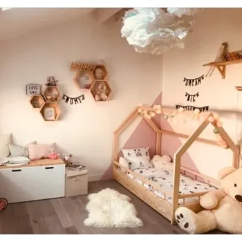 Dětská postel POSTEL DOMEČEK 90x190 BOROVICE SE TŘEMI ZÁBRANAMI - POSTEL VE TVARU DOMU