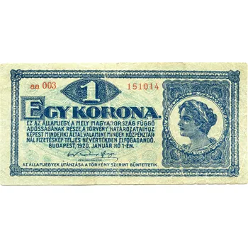 MAĎARSKO. 1 korona 1. 1.1920. Série aa 003.