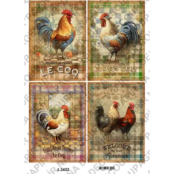 Umělecký papír Rýžový a soft papír na decoupage - Kohouti, slepice vintage - KB3432 Materiál: Soft, Rozměr: A4