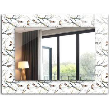 Zrcadlo Nástěnné zrcadlo s rámem z tvrzeného skla 80x60 cm Ptáci na větvích