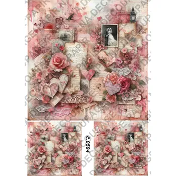 Umělecký papír Rýžový a soft papír na decoupage - Vintage srdce - KB0594 Materiál: Soft, Rozměr: A4